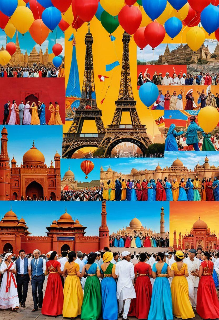 A colorful collage representing historical cheerful events around the world, featuring diverse cultures celebrating with traditional music, dance, and food. Include joyful expressions of people in traditional attire, iconic historical landmarks, and festive decorations. The background should be a blend of vibrant colors symbolizing happiness and unity. Create a sense of movement and joy within the scene. vibrant colors. collage style. super-realistic.