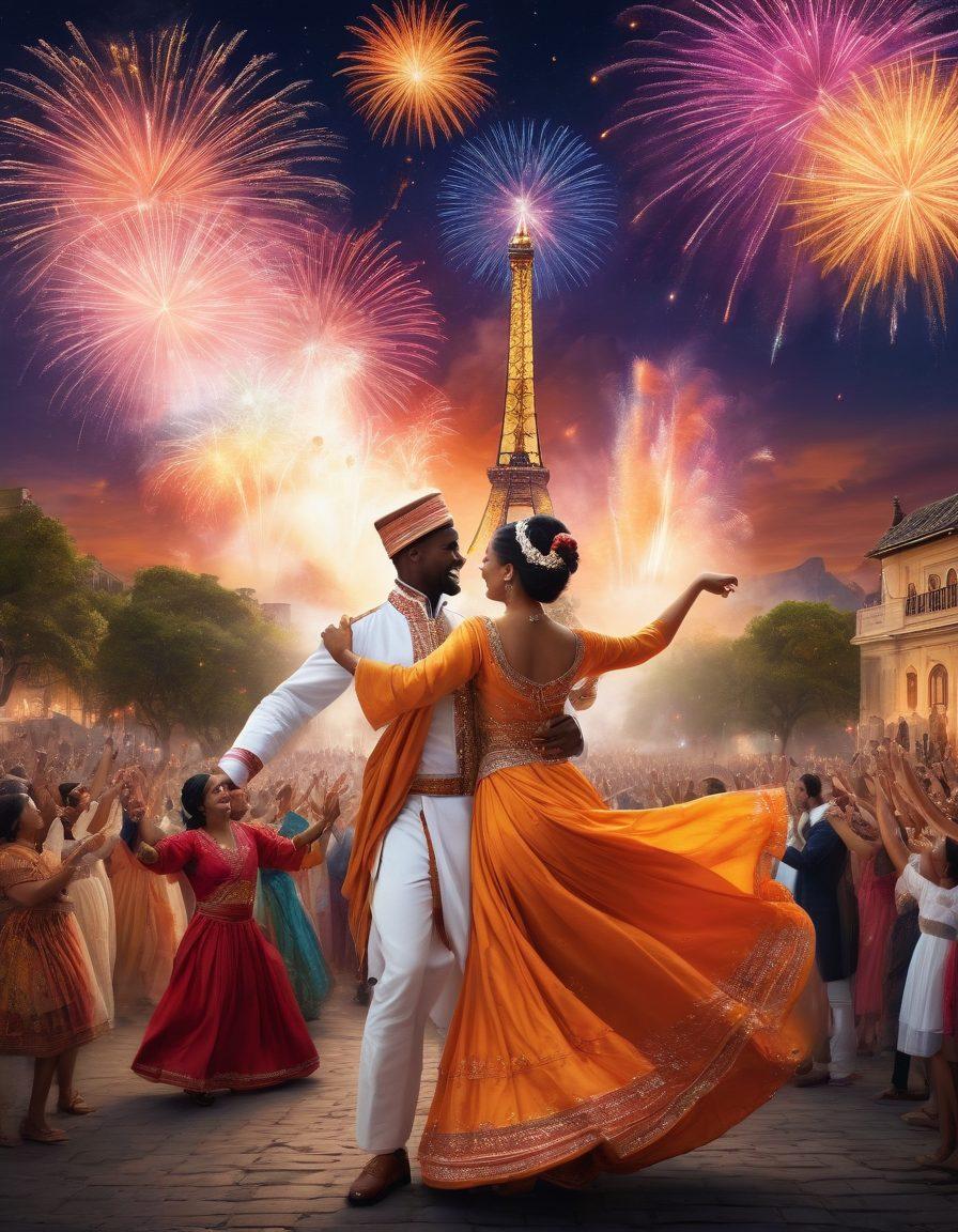 A vibrant collage of historical celebrations, showcasing diverse cultures in joyous moments, such as people dancing in traditional attire, colorful fireworks lighting up the sky, and iconic historical landmarks in the background. The scene should evoke a sense of happiness and unity, with warm colors and a dynamic composition that captures the essence of celebration through the ages. super-realistic. vibrant colors. white background.