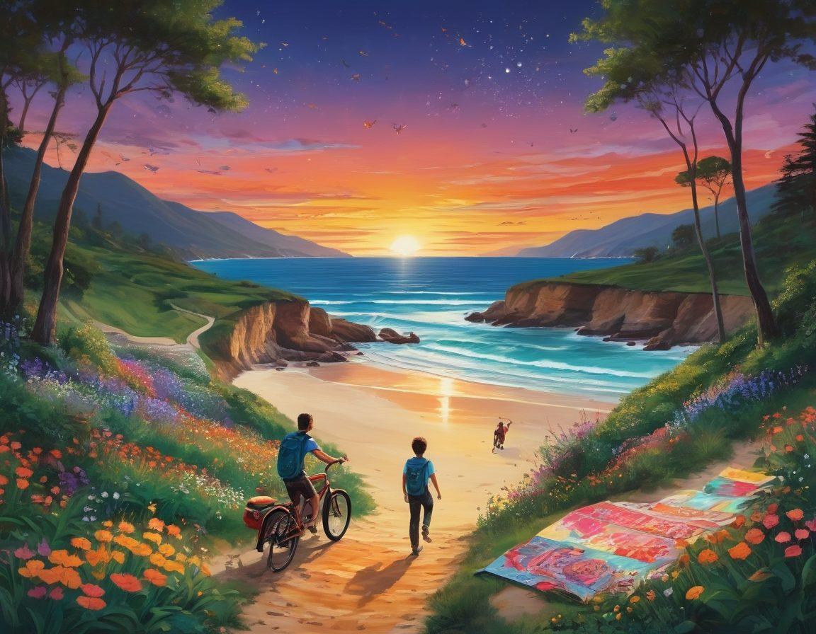A vibrant collage illustrating various lively adventures: a group of friends hiking on a sunlit trail, a family enjoying a beach picnic, a couple riding bicycles through a blooming park, and a child catching fireflies at dusk. Each scene is connected with flowing lines symbolizing the journey of memories. The colors are bright and cheerful, enhancing the sense of joy and nostalgia. vibrant colors. collage art.